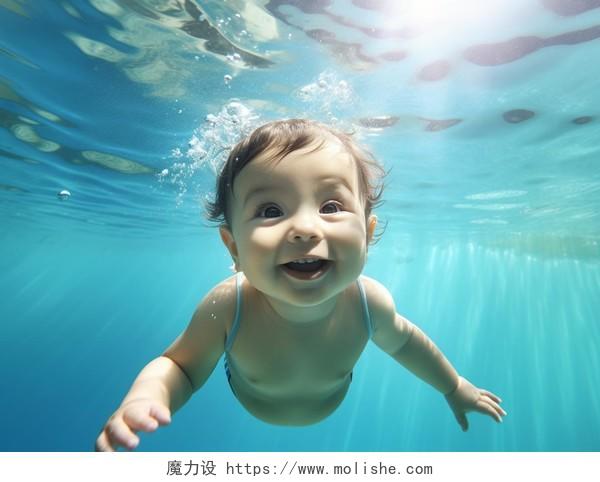 水下婴儿摄影婴儿游泳潜水好奇的表情